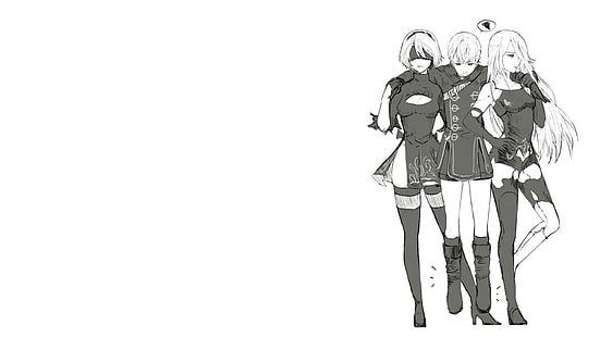 세 여성 애니메이션 캐릭터 바탕 화면, Nier : Automata, 2B (Nier : Automata), A2 (Nier : Automata), 9S (Nier : Automata), 흑백, 간단한 배경, 흰 머리카락, NieR, HD 배경 화면 HD wallpaper