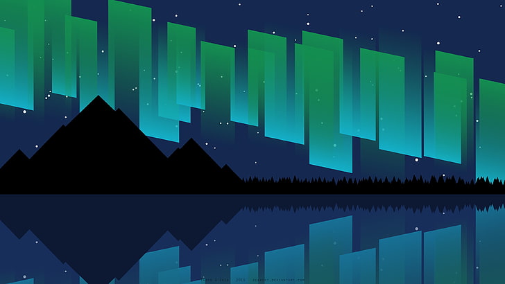 illustrazione di montagna e aurora verde, Aurora, mare, montagne, arte digitale, vettore, notte, stelle, sagoma, alberi di quercia, Sfondo HD