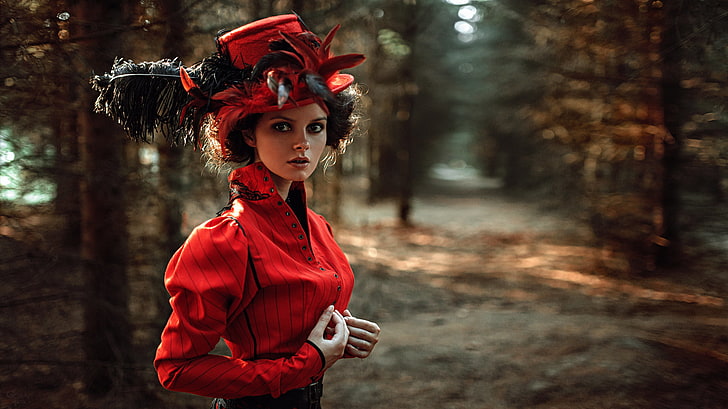woman wearing red suit wallpaper, look, girl, face, Park, portrait, hat, feathers, dress, hairstyle, light, the beauty, nature, sunset, art, beauty, chic, inspiration, amazing, hair, russian, bright, Yulia, cloth, George Chernyadev, Coutesan, Julia Sysolyatina, HD wallpaper