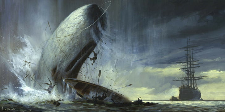 Moby Dick, sanat eseri, doğa, dalgalar, mücadele, hayvanlar, bulutlar, erkek, gemi, deniz, balina, tekne, HD masaüstü duvar kağıdı