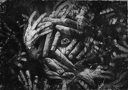 pittura di mani e occhi, The Evil Within 2, horror, occhi, mani, videogiochi, monocromatico, The Evil Within, Sfondo HD HD wallpaper