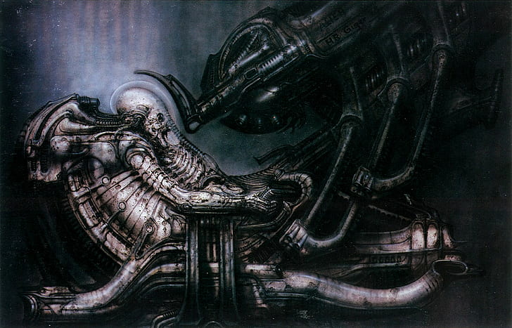 Aliens (movie), aliens, Prometheus (movie), Space Jockey, artwork, machine, science fiction, H. R. Giger, HD wallpaper