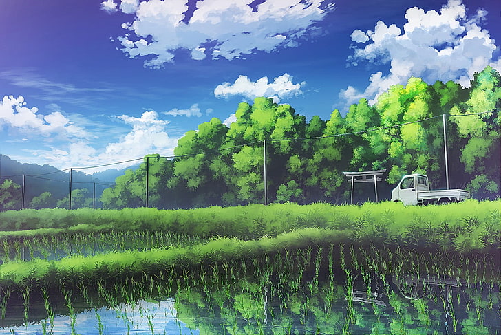 رسم أشجار خضراء وبيضاء ، حقل ، سيارة ، غيوم ، منظر طبيعي ، حقل أرز، خلفية HD