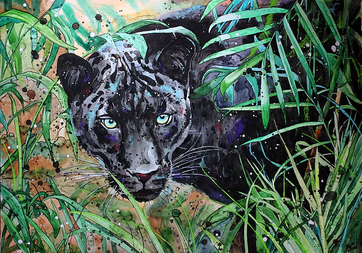 ศิลปะ, สีน้ำ, แมวตัวใหญ่, เสือดำ, ธรรมชาติ, ภาพวาด, สัตว์ป่า, นักล่า (สัตว์), วอลล์เปเปอร์ HD