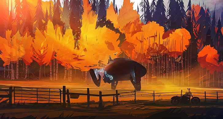 Moto garée près d'une clôture en bois et robot sur le champ près d'orangers illustration, illustration, art fantastique, coucher de soleil, bonsaï, artwork, Fond d'écran HD