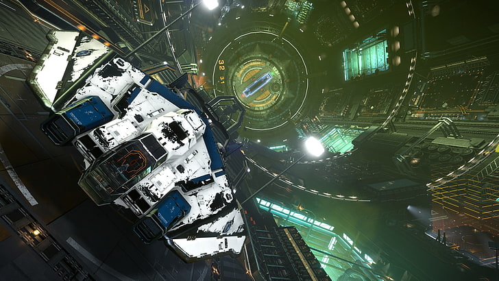biało-niebieska ilustracja statku kosmicznego, Elite: Dangerous, E: D, przestrzeń, symulator kosmiczny, statek kosmiczny, stacja kosmiczna, port gwiezdny, stacja Coriolis, ASP Explorer, Tapety HD