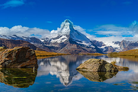 niebo, śnieg, jezioro, góry, Szwajcaria, Alpy, Matterhorn, Tapety HD HD wallpaper