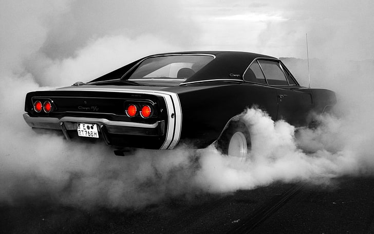 черный Dodge Challenger, 1969, выгорание, автомобиль, автомобили, зарядное устройство, Dodge, горячий, монохромный, мышцы, штанга, дым, тюнинг, HD обои