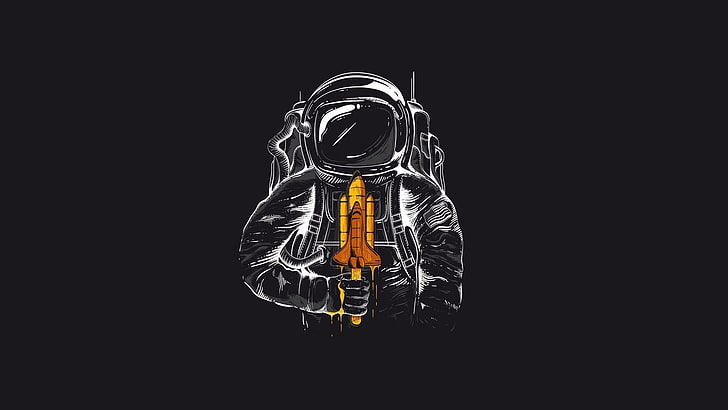 astronaute tenant illustration de la navette spatiale, minimalisme, le costume, humour, astronaute, art, navette, Fond d'écran HD