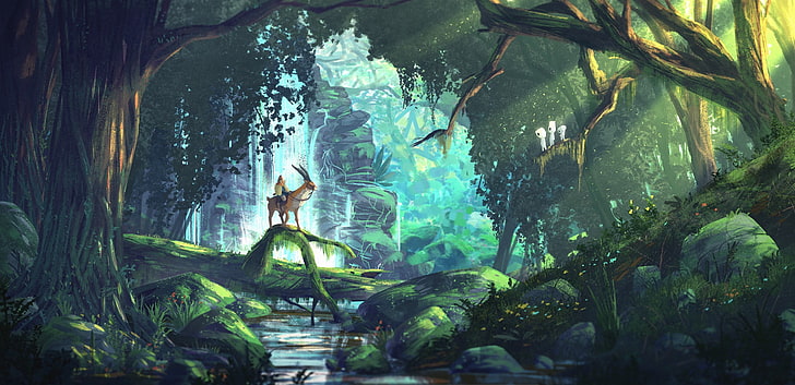 ilustrasi pohon berdaun hijau, seni fantasi, anime, hutan, Princess Mononoke, Studio Ghibli, Wallpaper HD