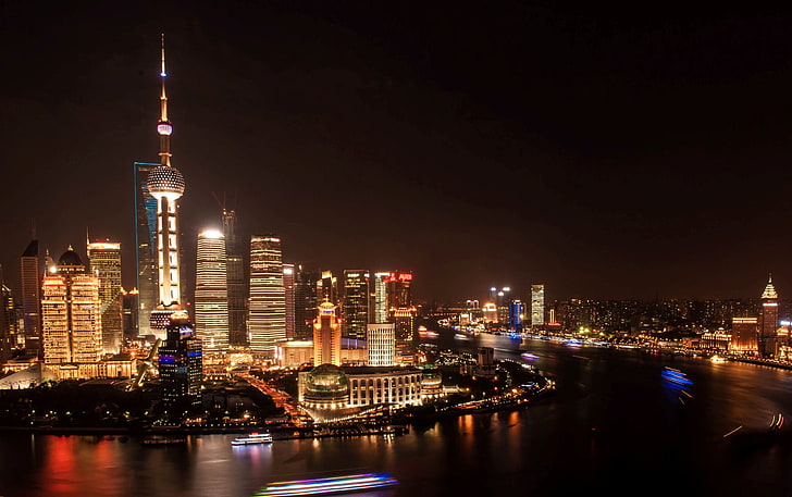Shanghai Night Light, city buildings near river, Cityscapes, Shanghai, cityscape, city, building, night, HD wallpaper