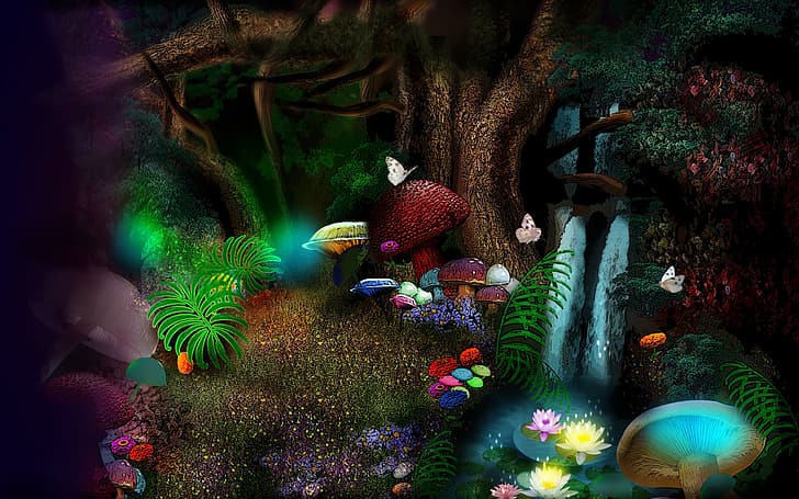 butterfly, flowers, mushrooms, fantasy art, butterflies, magic forest, large trees, impenetrable thicket, непроходимая чащоба, густые заросли, dense thickets, HD wallpaper