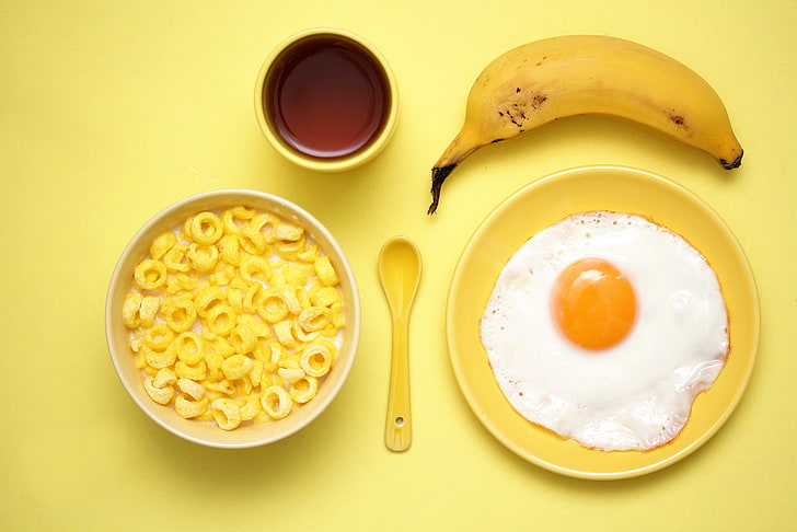 oeuf, petit déjeuner, banane, céréales, petit déjeuner jaune, Fond d'écran HD