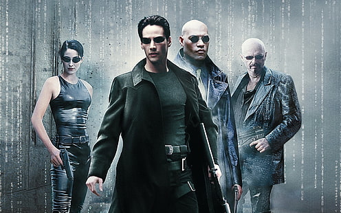 Carrie Anne Moss, Keanu Reeves, Laurence Fishburne, Morpheus, movies, Neo, The Matrix, Trinity, HD wallpaper HD wallpaper