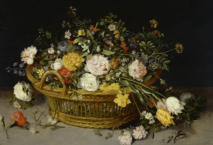 cuadro, naturaleza muerta, Jan Brueghel el joven, Canasta con flores, Fondo de pantalla HD