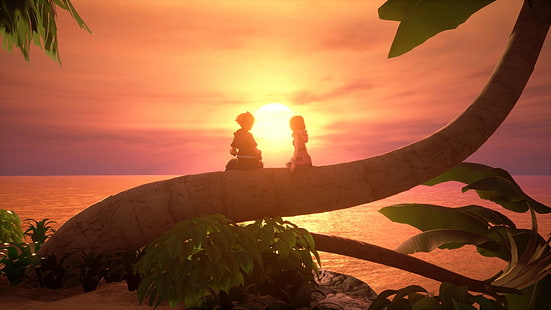 Kingdom Hearts, Kingdom Hearts III, Kairi (Kingdom Hearts), Sora (Kingdom Hearts), Sunset, Video Game, HD wallpaper HD wallpaper