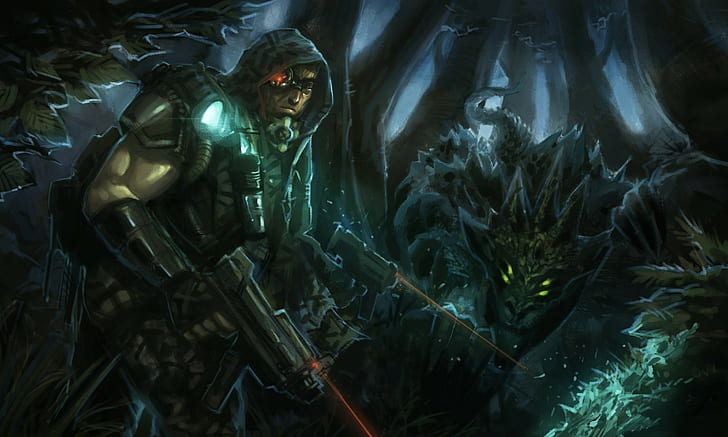 Fantasy Art, Warrior, Guns, żołnierz trzymający laserową broń ilustracji, fantasy art, wojownik, pistolety, Tapety HD
