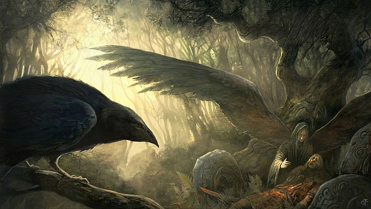 winged character and crow digital wallpaper, painting, Vikings, mythology, wings, crow, HD wallpaper