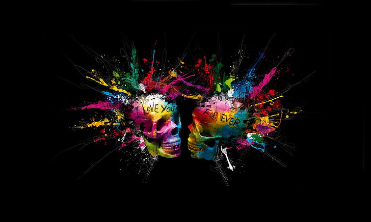 deux illustration de crâne multicolore, couleurs vives, gicler, crâne, amour éternel, amour pour toujours, Fond d'écran HD