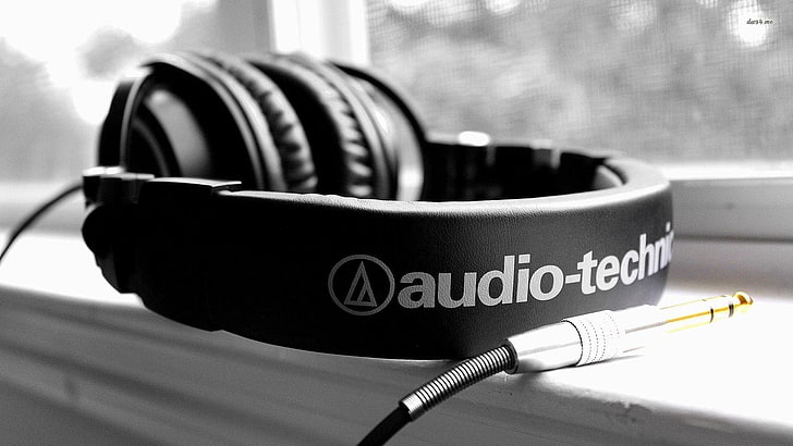 black Audio-Technic corded headphones, headphones, audio-technica, monochrome, HD wallpaper