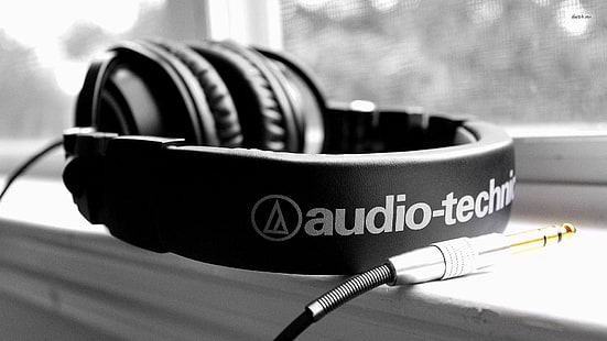 black Audio-Technic corded headphones, headphones, audio-technica, monochrome, HD wallpaper HD wallpaper