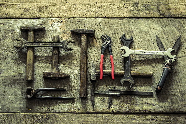 ferramentas, martelo, chave, ainda vida, madeira, textura, vintage, marrom, velho, HD papel de parede