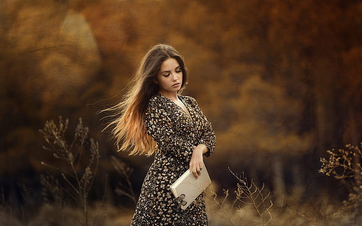 autumn, girl, nature, butterfly, dress, book, HD wallpaper