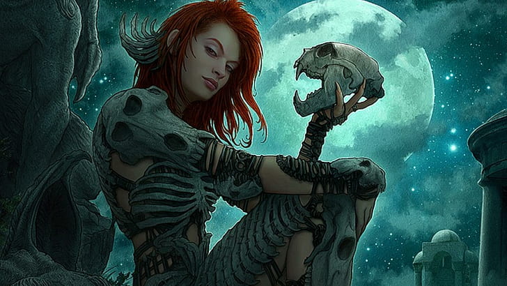 Zbroja z kości, rudowłosa kobieta nosząca zdjęcie kostiumu czaszki, kość, ruda, kości, zbroja, księżyc, kobieta, noc, 3d i abstrakcyjne, Tapety HD