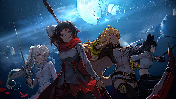 Cartel de cuatro personajes de anime de chicas, RWBY, Yang Xiao Long, Blake Belladonna, Weiss Schnee, Ruby Rose (personaje), Fondo de pantalla HD