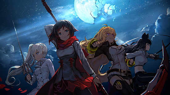 cartaz de quatro personagens de anime, RWBY, Yang Xiao Long, Blake Belladonna, Weiss Schnee, Ruby Rose (personagem), HD papel de parede HD wallpaper