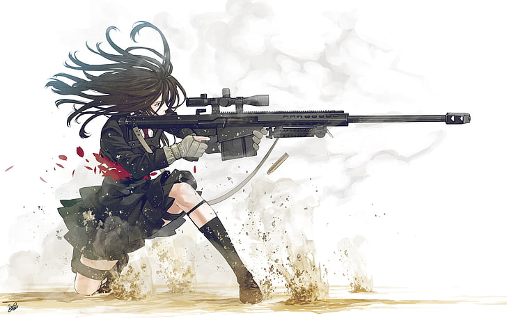 анимированный женский персонаж держит черные снайперские винтовки обои, женщина держит барретт цифровые обои, аниме, аниме девушки, женщины, оружие, Барретт .50 Cal, юбка, школьная форма, униформа, темные волосы, простой фон, белый фон, кровь, оригинальные персонажи, HD обои
