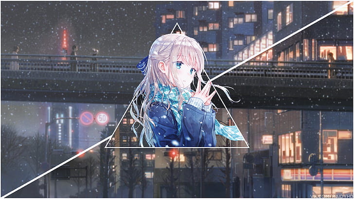 อะนิเมะ, สาวอะนิเมะ, ภาพซ้อนภาพ, หิมะ, ผ้าพันคอ, วอลล์เปเปอร์ HD