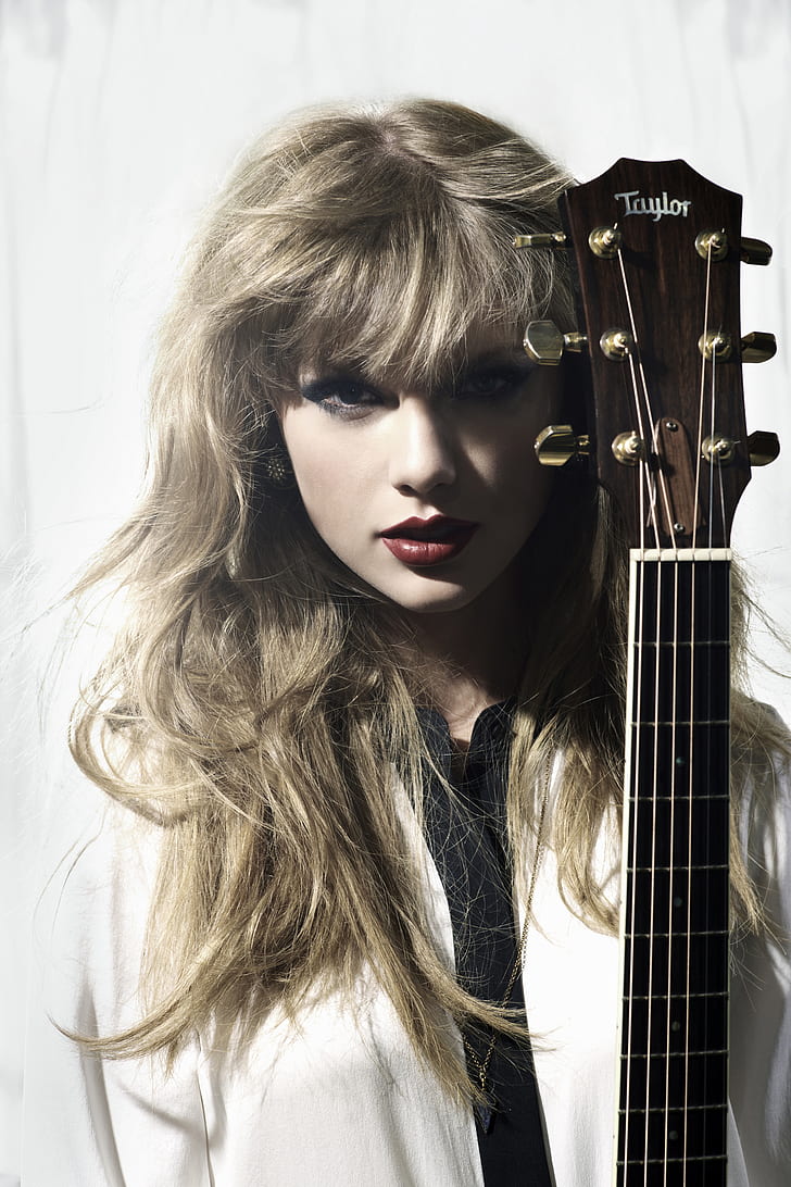 Taylor Swift, singer, women, blonde, blue eyes, red lipstick, guitar, white background, portrait, looking at viewer, HD wallpaper