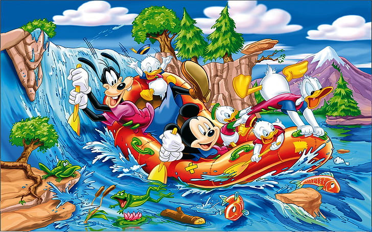 Mickey Mouse Donald Duck And Gofy Sailing On The River Desktop Wallpaper Hd Download Free 1920×1200, HD wallpaper