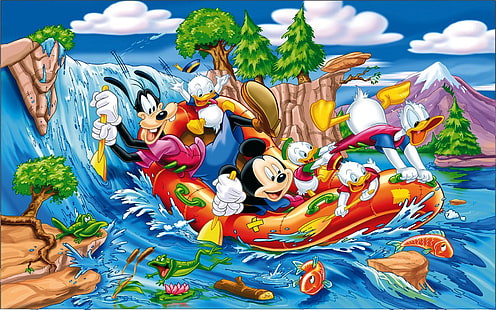 Mickey Mouse Donald Duck And Gofy Sailing On The River Skrivbordsunderlägg Hd Ladda ner gratis 1920 × 1200, HD tapet HD wallpaper
