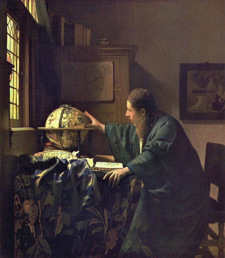 artwork, painting, classic art, people, men, astronomy, globe, Johannes Vermeer, table, sitting, chair, HD wallpaper