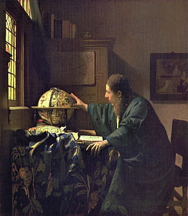 karya seni, lukisan, seni klasik, orang, pria, astronomi, bola dunia, Johannes Vermeer, meja, duduk, kursi, Wallpaper HD HD wallpaper