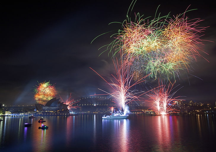 exhibición de fuegos artificiales, noche, Sydney, Sydney Opera House, fuegos artificiales, Fondo de pantalla HD