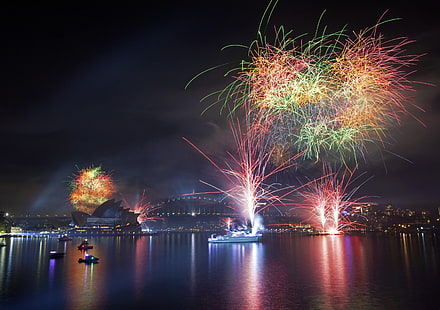 花火大会、夜、シドニー、シドニーオペラハウス、花火、 HDデスクトップの壁紙 HD wallpaper