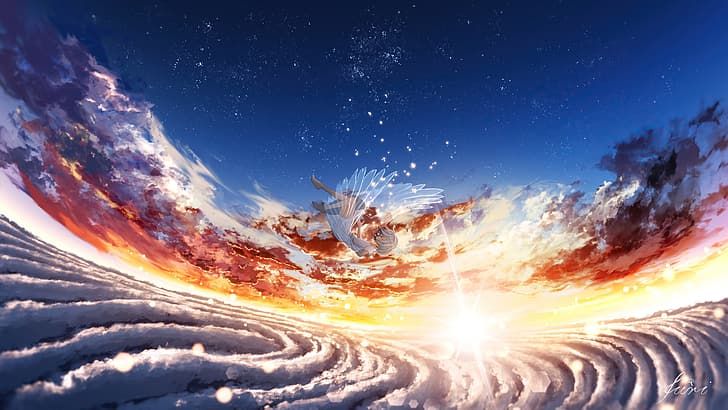 anime, anime girls, angel's wings, wings, falling, white hair, clouds, sunset, starred sky, stars, HD wallpaper
