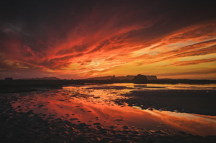 Amine Fassi, Landschaft, Sonnenuntergang, Strand, Himmel, Steine, HD-Hintergrundbild