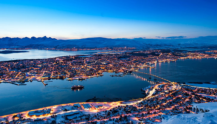 lighted city buildings, winter, snow, mountains, bridge, lights, home, the evening, Norway, panorama, street, landscape., tromso, HD wallpaper