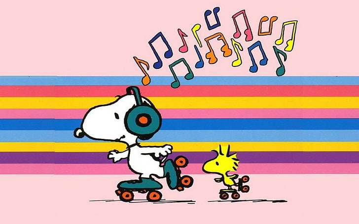 Comics, Peanuts, Cartoon, Music, Roller skating, Snoopy, Woodstock (Peanuts), HD wallpaper