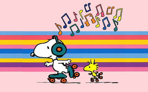 Comics, Peanuts, Cartoon, Music, Roller skating, Snoopy, Woodstock (Peanuts), HD wallpaper HD wallpaper