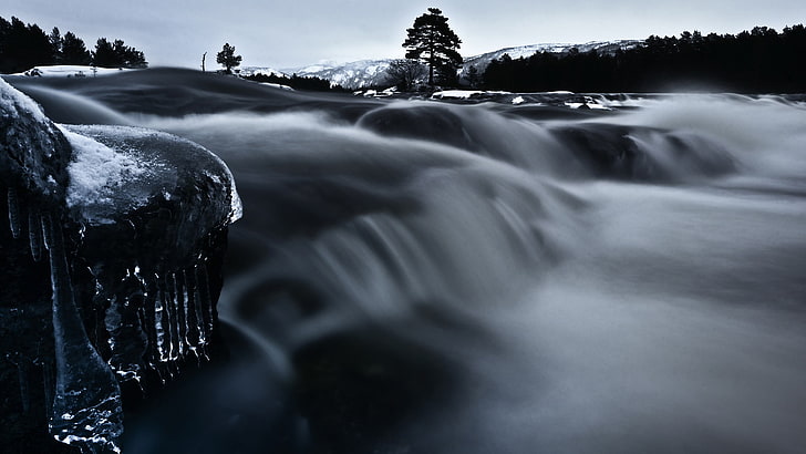 collar de cuentas en blanco y negro, paisaje, agua, hielo, invierno, río, Fondo de pantalla HD