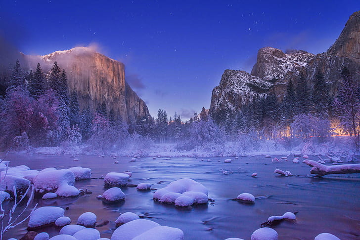 mountains, water, nature, cold, Yosemite National Park, El Capitan, landscape, snow, winter, HD wallpaper