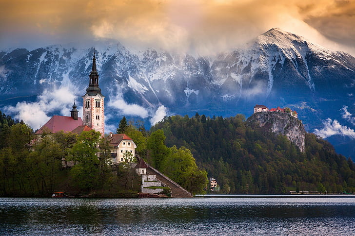 Słowenia, jezioro Bled, Słowenia, jezioro Bled, góry, Alpy Julijskie, Tapety HD