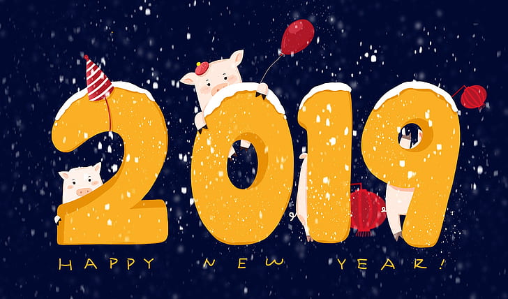 2019 (год), цифры, Новый год, свиньи, HD обои