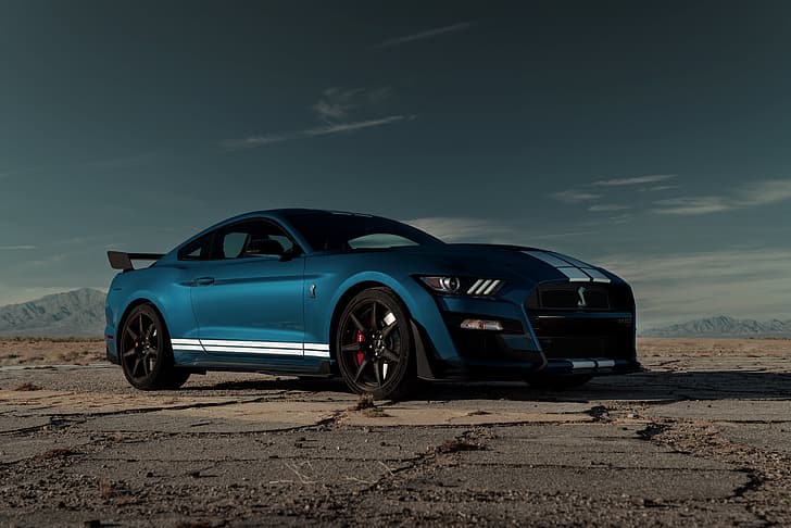 biru, Mustang, Ford, Shelby, GT500, polos, 2019, Wallpaper HD