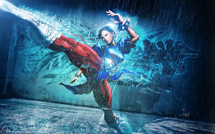 Ilustração de Street Fighter Chun-Li, Chun-Li, Street Fighter, pontapé, arte de videogame, ciano, azul, chuva, HD papel de parede